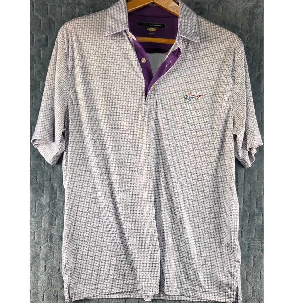 Greg Norman Mens Play Dry Golf Polo Shirt Purple White Geometric Shark Logo M